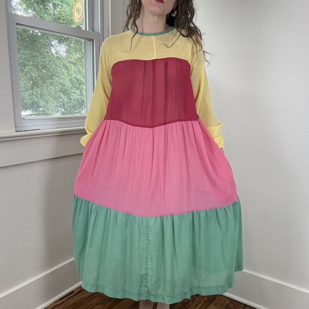 Vintage 90s/00s Color Block Lagenlook Boho Maxi Dress | Balloon Sleeves